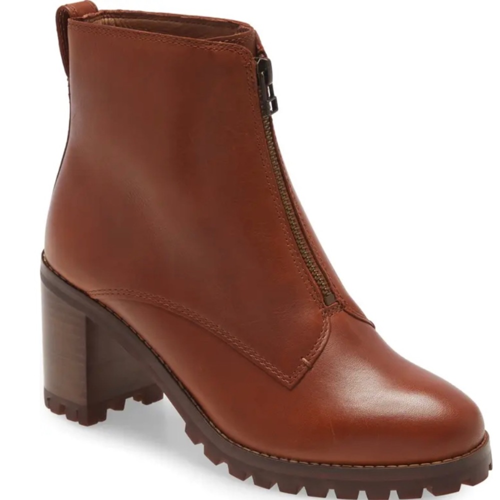 Madewell Alyce/Lydia Zip-Front Tan Leather Lug Sole Bootie 8.5 in Dried Maple
